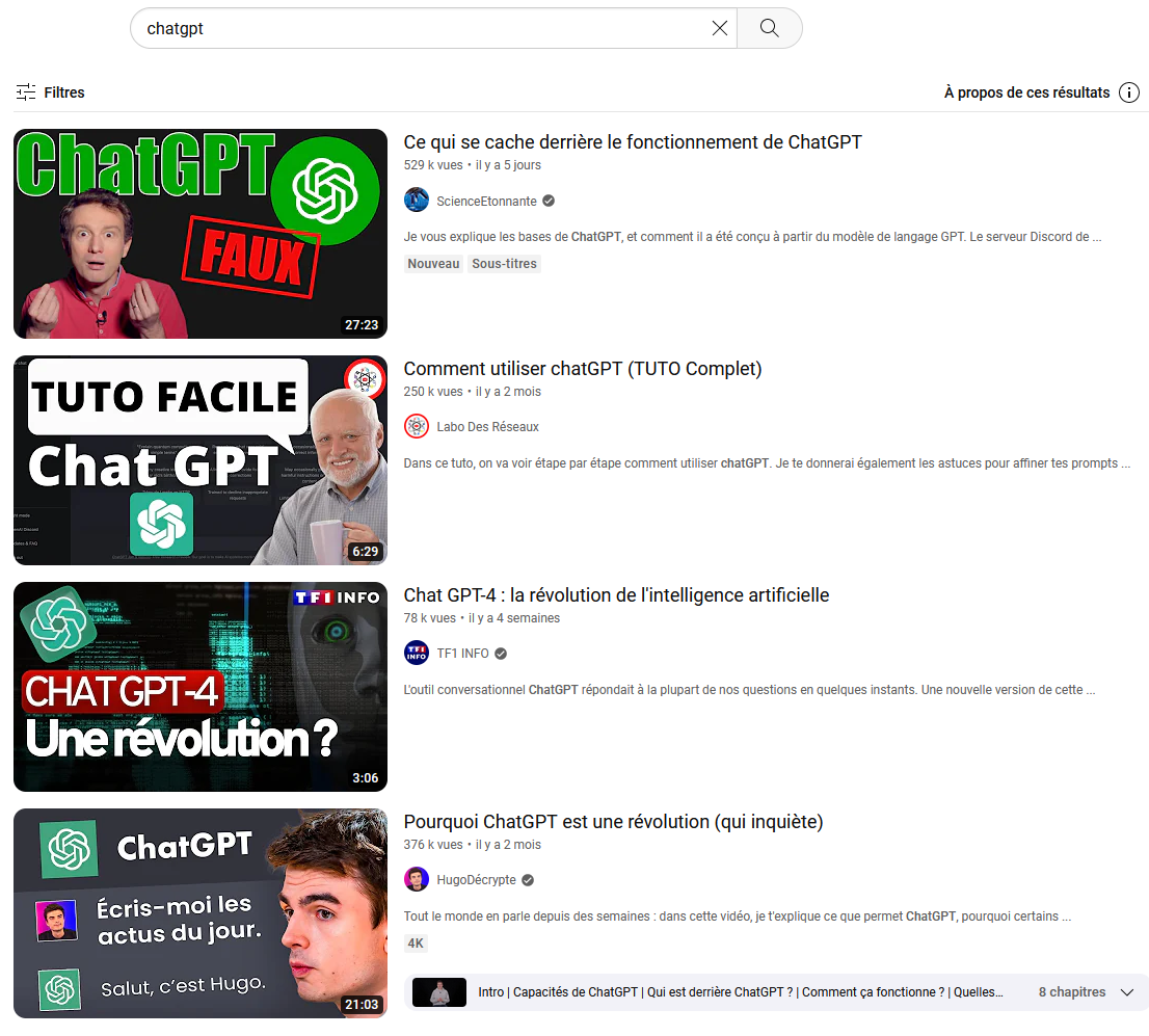 résultats d'une recherche YouTube