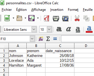 fichier CSV ouvert avec un tableur