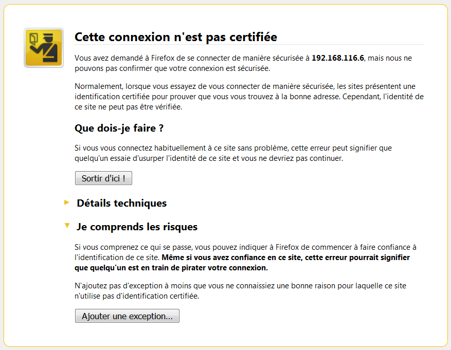 message d'alerte d'une connexion non certifiée